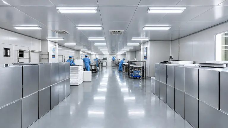 Filter assemblies and technicians working in a bright workshop
