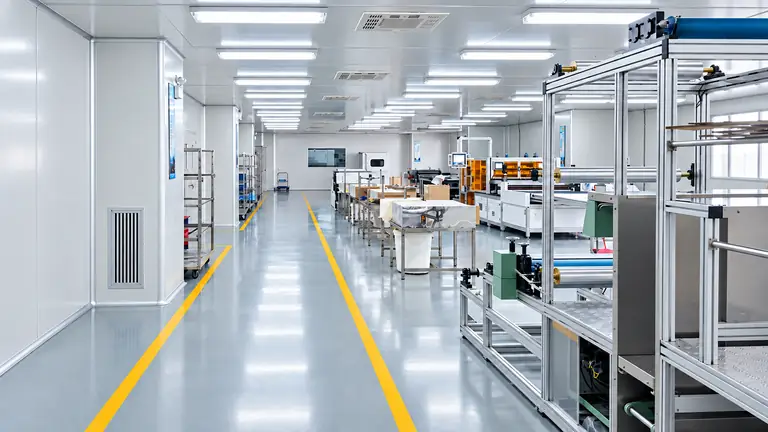 Air filter production equipment beside a marked workshop aisle