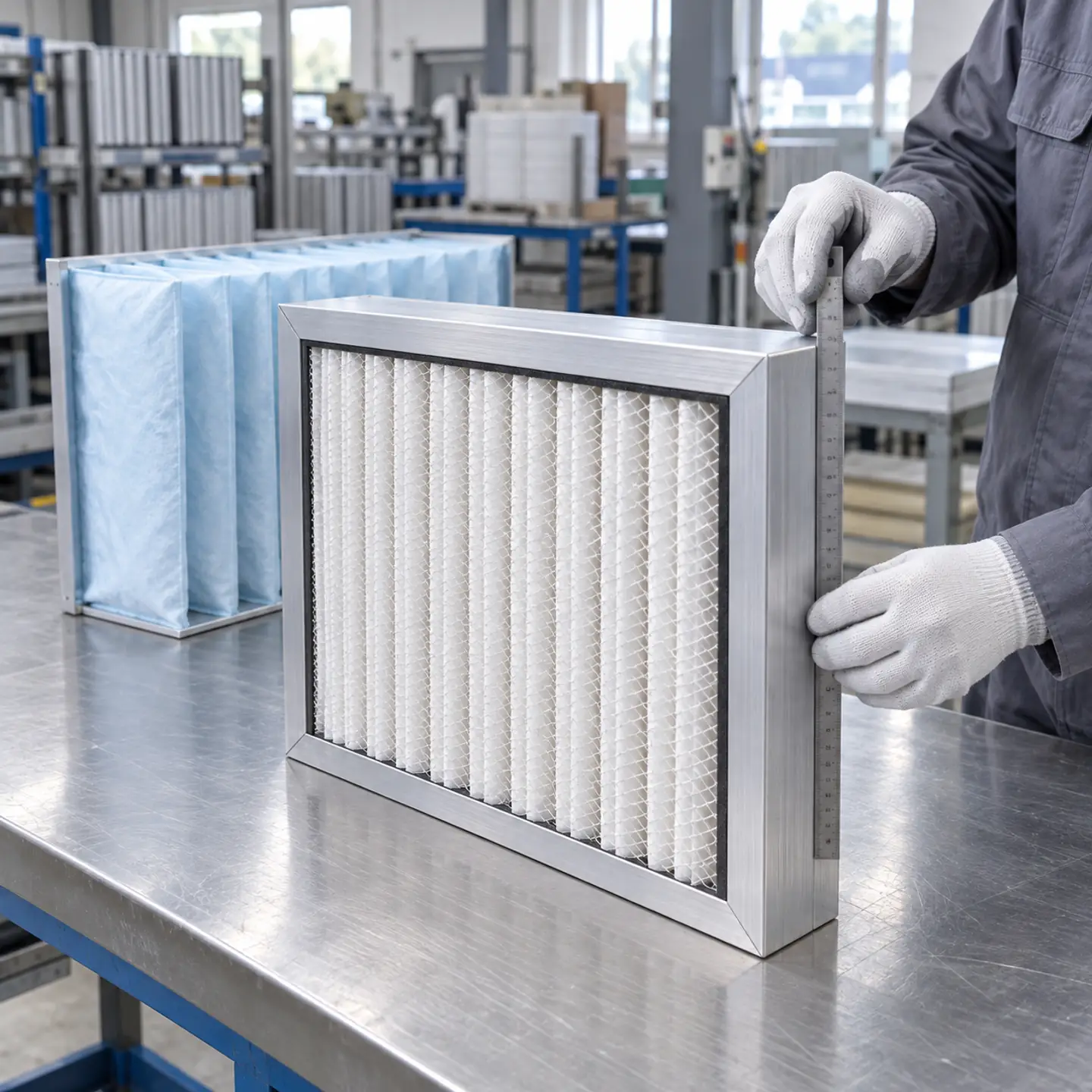 Complete aluminum-frame air filter on a workshop bench with a worker checking its dimensions